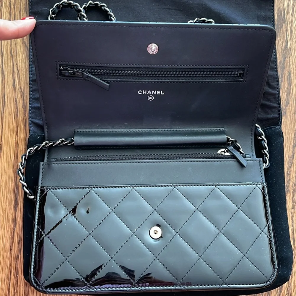 Chanel patent leather wallet on a chain